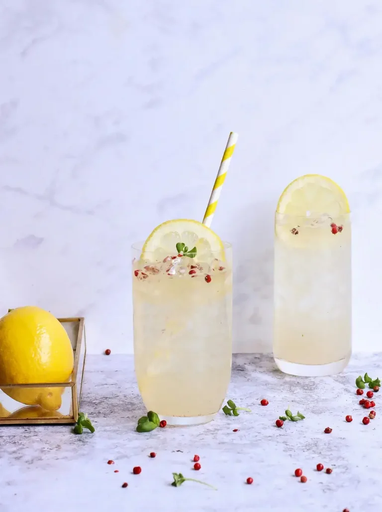 Fresh lemonade with lemon slices, representing the 16 Reasons Warm Lemonade is beneficial for health.